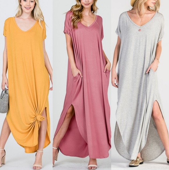 Oversized loose maxi dress slit pockets boho chic - Picture 4 of 8